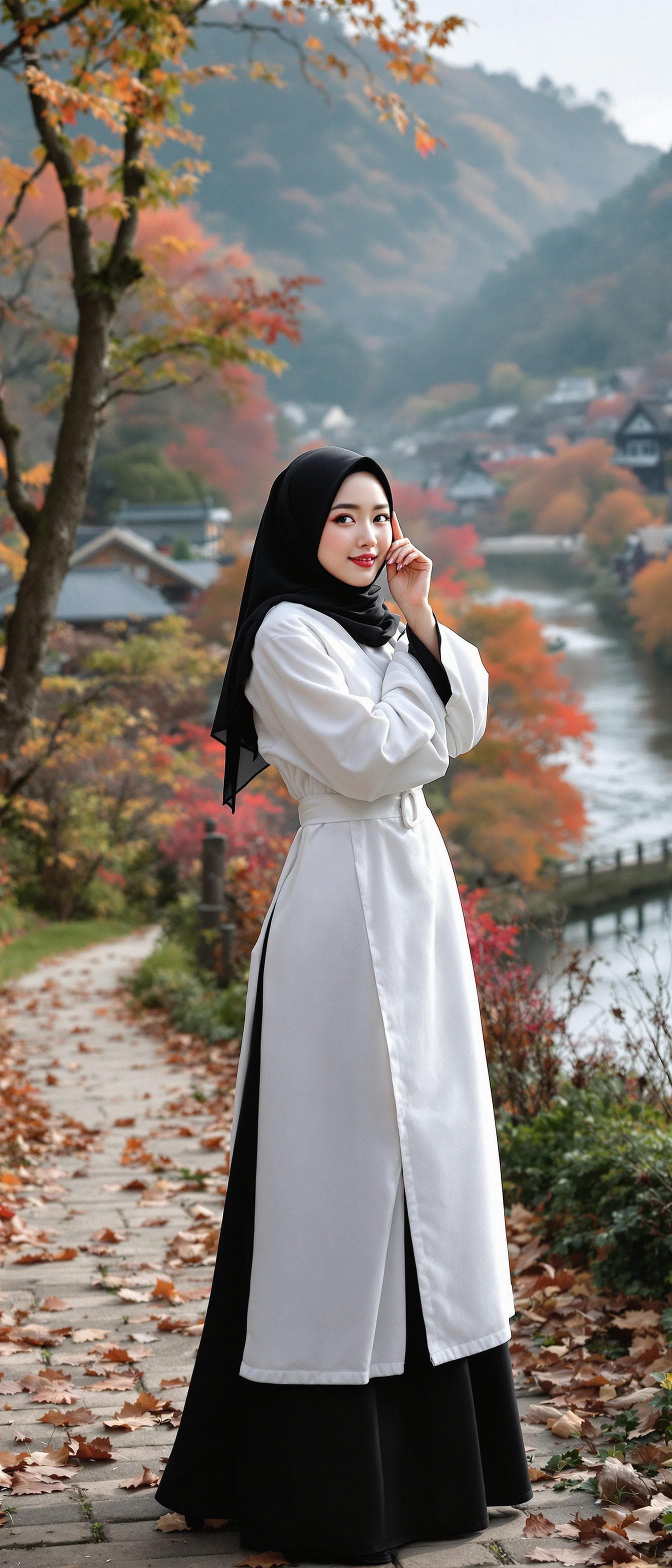 AI generated: realistic, japanese girl, beautiful girl, full body, ulzzang face, shot front middle, hand on cheeks...