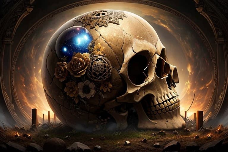 AI generated: masterpiece stunning giant half scull and half universe sphere, emerging from a grave, gloomy eyes, ...