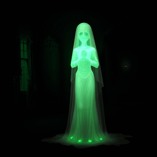 AI generated: A transparent illuminated ghost in a creepy mansion,ghostly green light,the ghost is a creepy woman ...