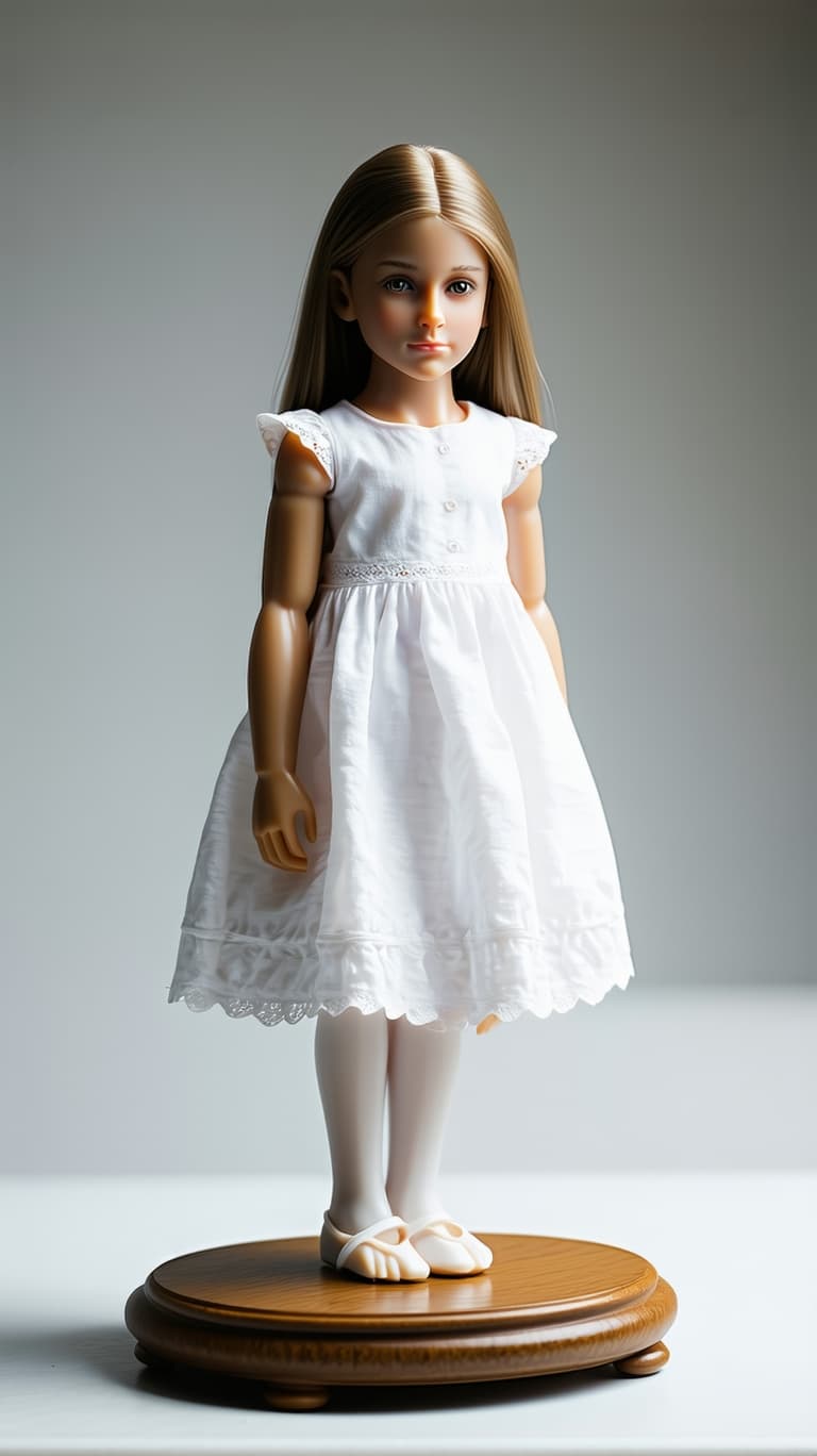 AI generated: A photo-realistic porcelain figurine doll on a small wood platform, Little Princes, dressed in a whi...
