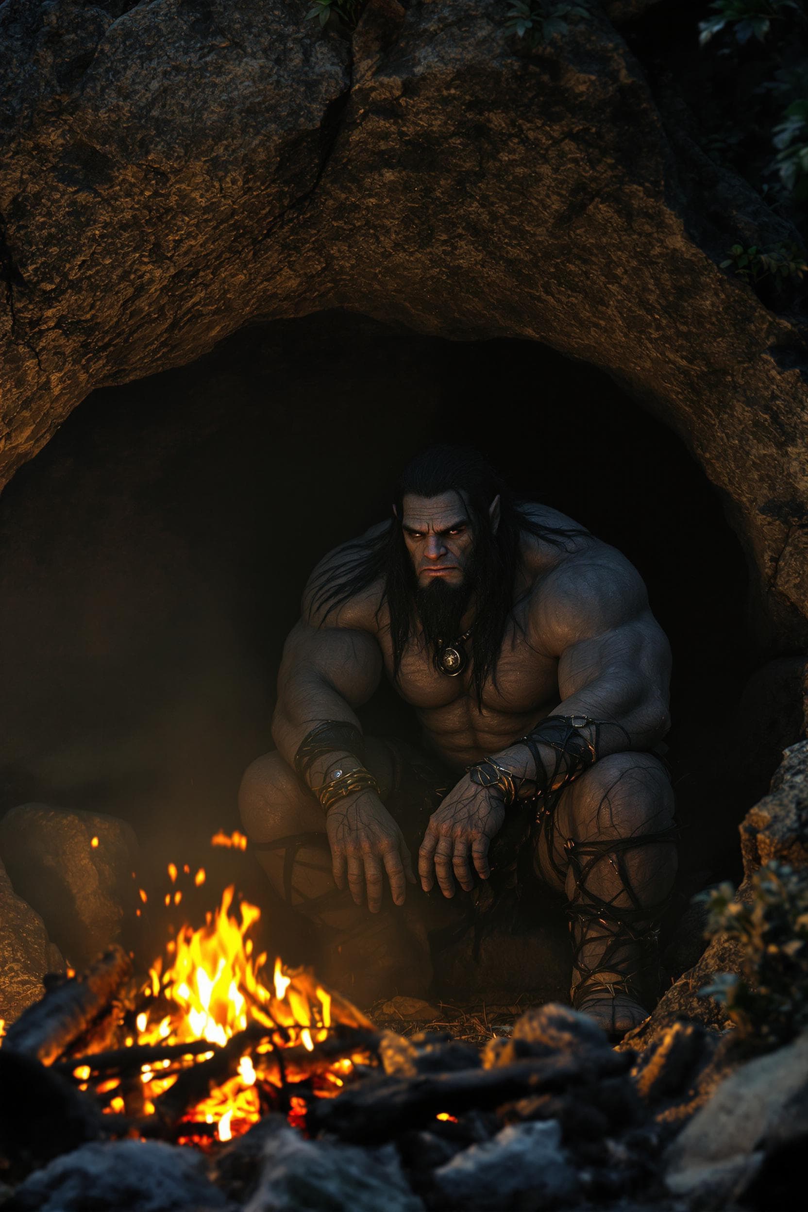 AI generated: Dark fantasy scene: A muscular gray orc with long black hair sits under a rocky overhang, his expres...