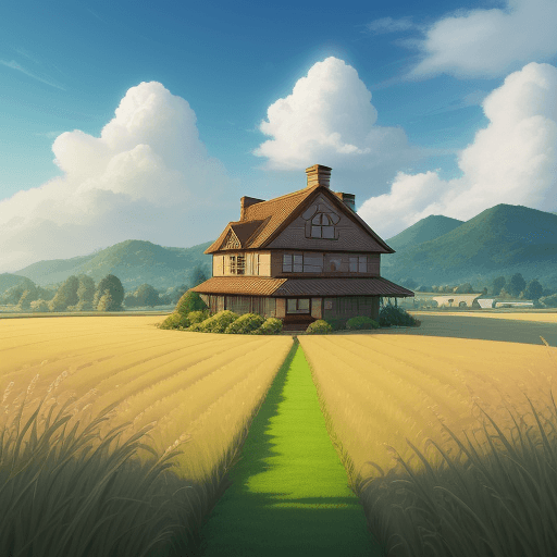 AI generated: A beautiful grass field landscape inspire form your name ,house,luffu clouds,high details