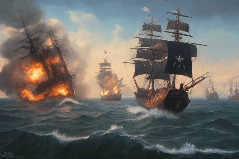 AI generated: masterpiece, incredibly detailed oil painting of two ships engaged in a great naval battle between b...