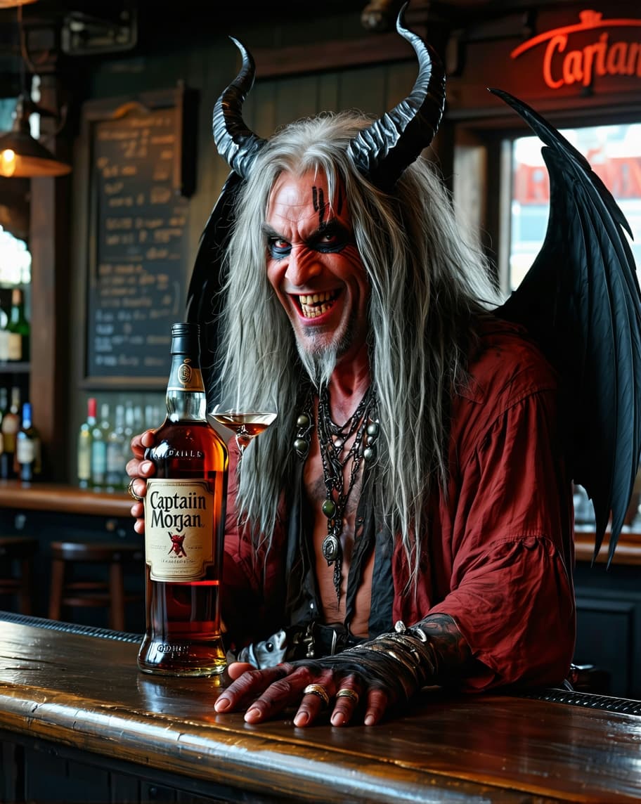 AI generated: Fallen devil dressed in tattered rags sits at a bar alone drinking straight from a bottle of (Captai...