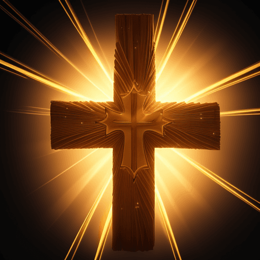 AI generated: Wooden Cross with palm leaves rounded it, glowing particles, rays of divine light, realistic, beauti...
