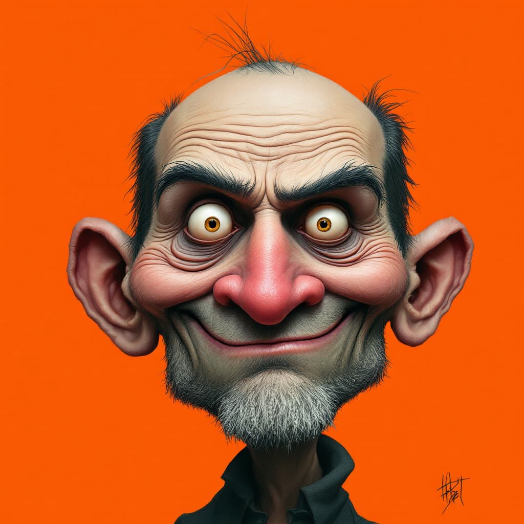 AI generated:  A caricature of a man with exaggerated features is set against a vibrant orange backdrop. The overa...