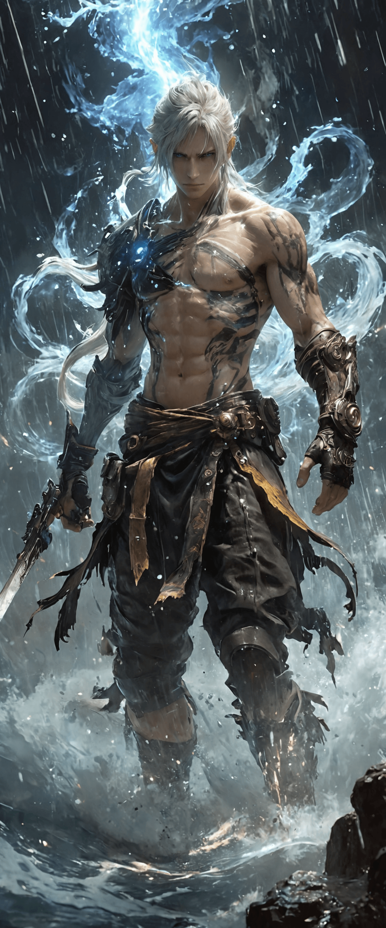AI generated: A towering singular figure dominates the 9:21 vertical frame, embodying the cosmic essence of Aquari...