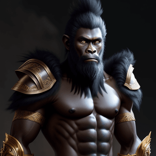AI generated: black monkey king, solo, 1boy, male focus, armor, beard, weapon, abs