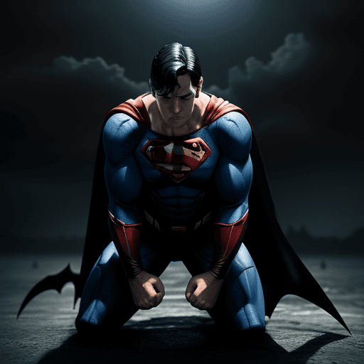 AI generated: superman kneels in front of batman , 4 k ultra hd 