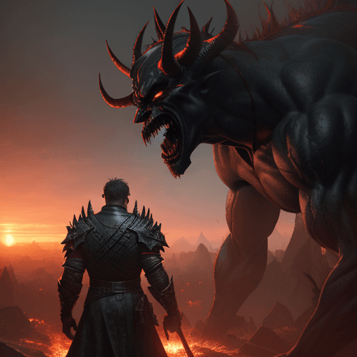 AI generated: Photo of a ultra realistic demon siege, a demon facing a young man, dramatic light, pale sunrise, ci...