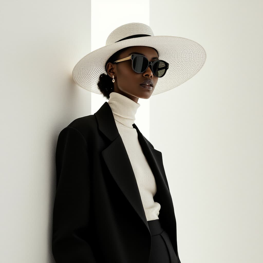 AI generated: Fashion design work feauturing a (Chanel) female (Nigerian) model wearing minimalist women’s clothin...