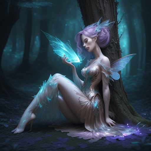 AI generated: Glamorous fairy playing resting by a tree in a forest at night. Breathtaking Fantasycore Artwork By ...