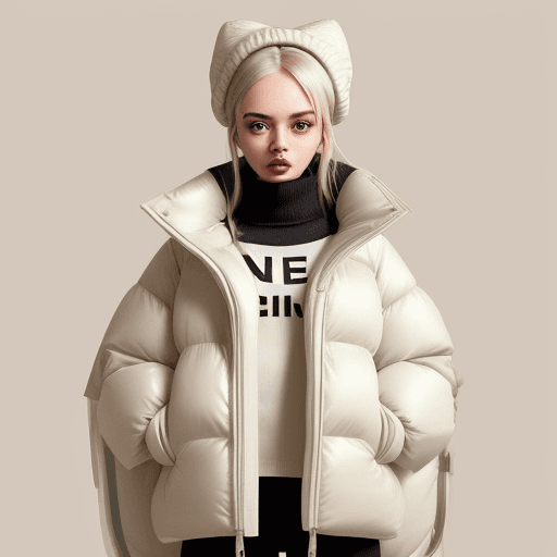 AI generated: The woman in the photo is standing against a beige background, a Tumblr personality. Her outfit cons...