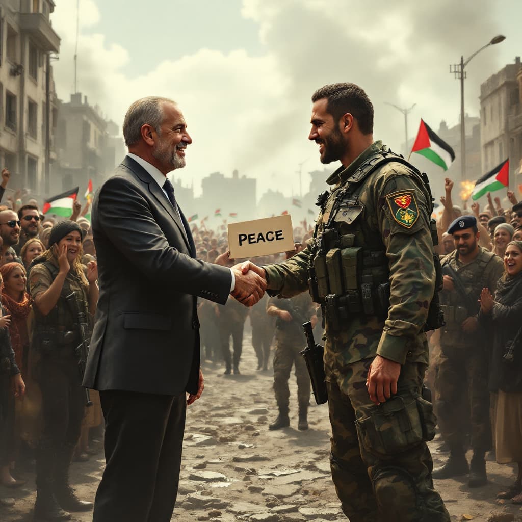 AI generated: Create a realistic image for me of two men shaking hands holding a file that says peace. One dressed...