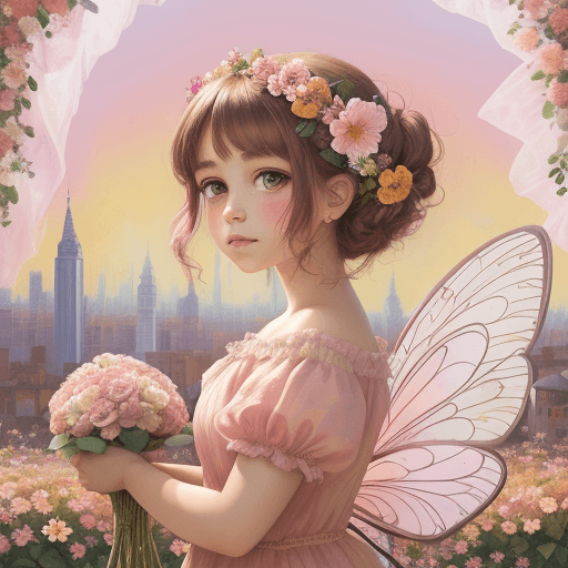 AI generated: Flower fairy against the backdrop of the City of flowers in bright strokes of Maya paint in brown an...
