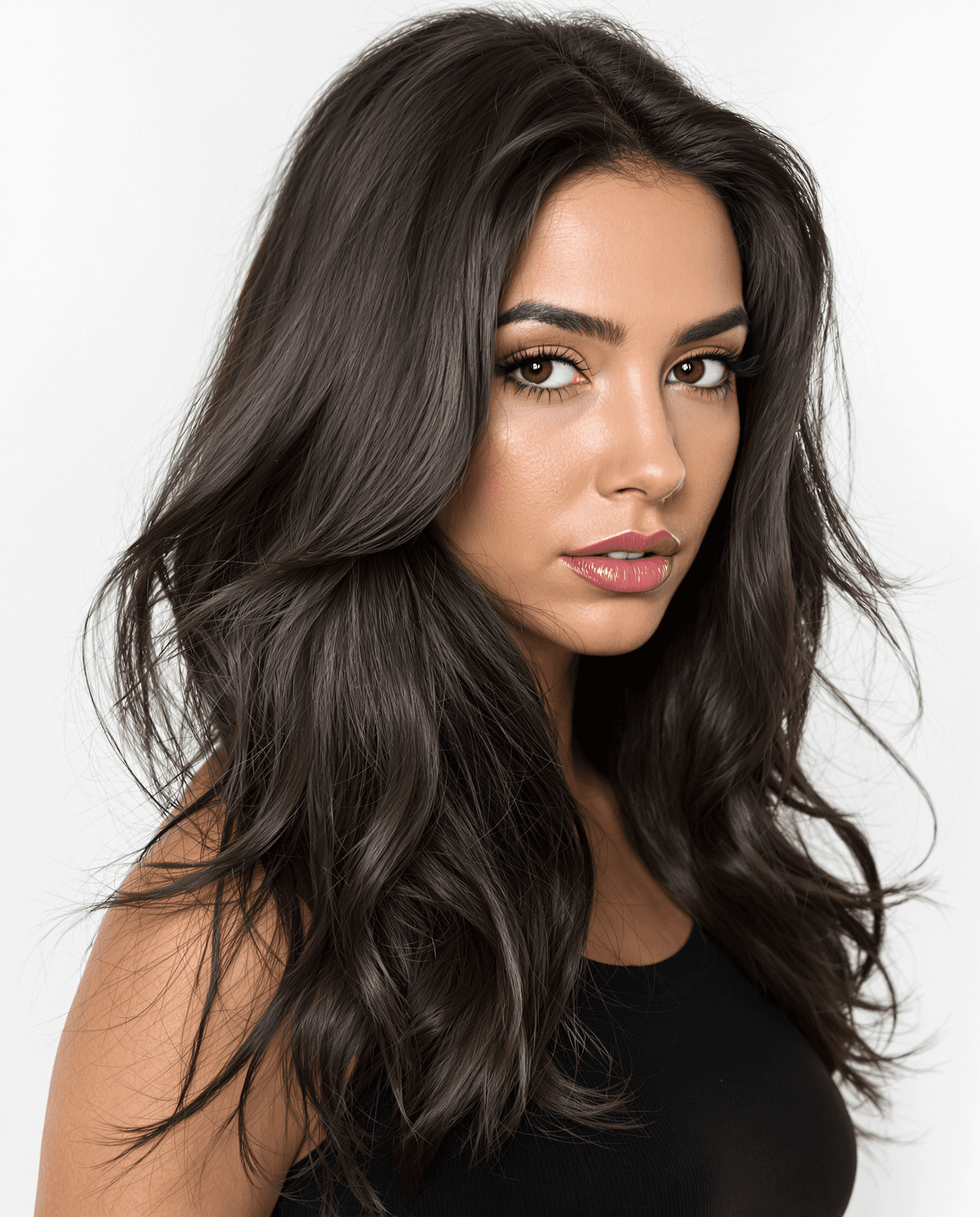 AI generated: A hyper-realistic, ultra-detailed image of a stunning brunette woman with deep brown eyes and dark b...