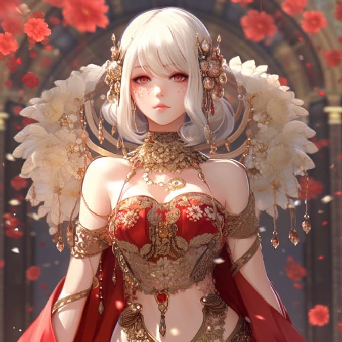 AI generated: (girl) (attire) (red pearls) (golden pearls) (anime) (mesmerizing beauty:1.2) (captivating aura:1.2)...