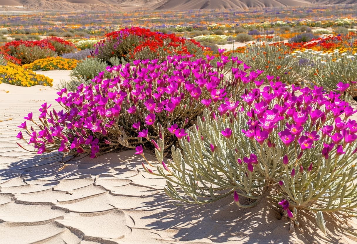 AI generated: A breathtaking, sweeping desert landscape, suddenly transformed by a rare and miraculous rainfall, a...