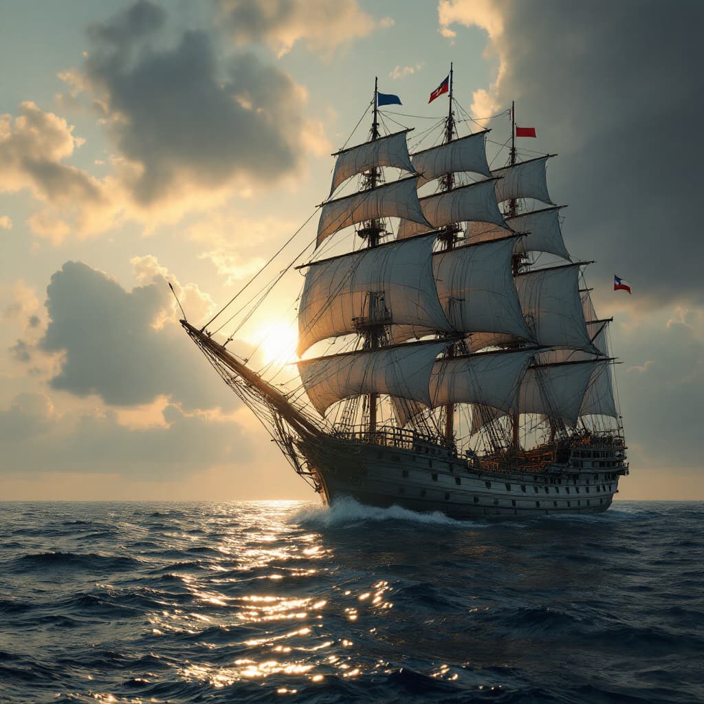 AI generated: Photo of a ultra realistic sailing ship, dramatic light, pale sunrise, cinematic lighting, battered,...