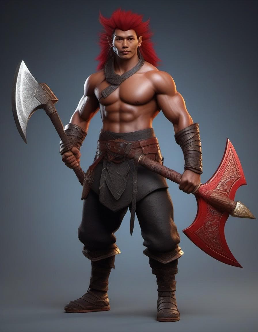 AI generated: fantasy goblin,with red hair crest,very muscular,with an axe, photorealistic ,full body image, octan...