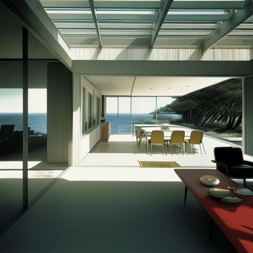 AI generated: Hyper realistic eye level exterior photo of a mid century modern style house overlooking the ocean, ...