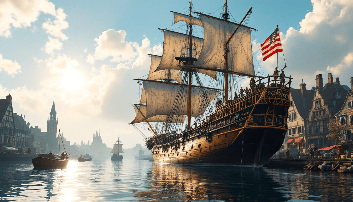 AI generated: Photo of a ultra realistic sailing ship, in the early 1800's, anchored at an old European port, crew...