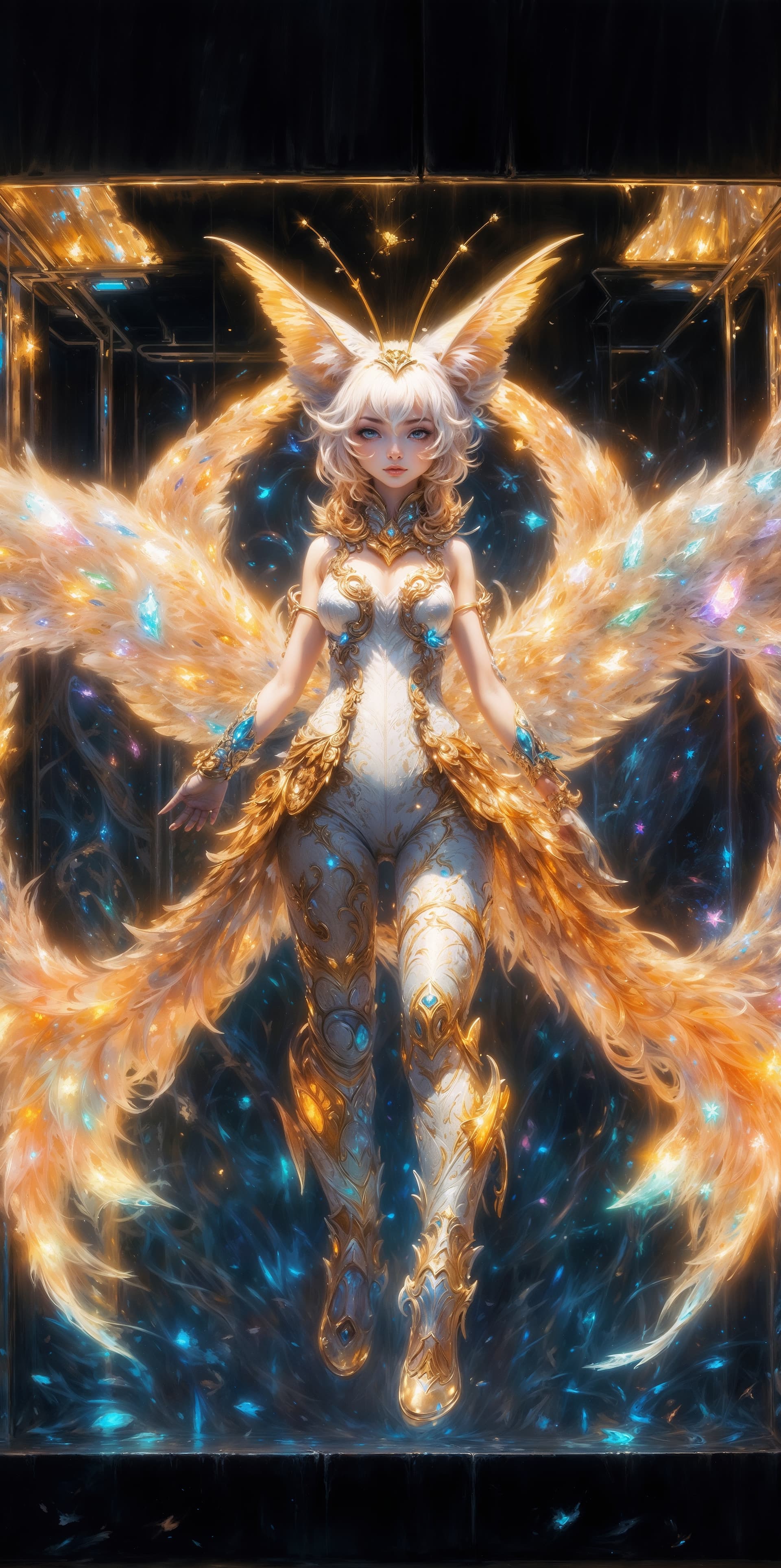 AI generated: futuristic evolved Nekomata, (neon glowing body), 2 tails, holographic, crystals fantasy, crystals, ...