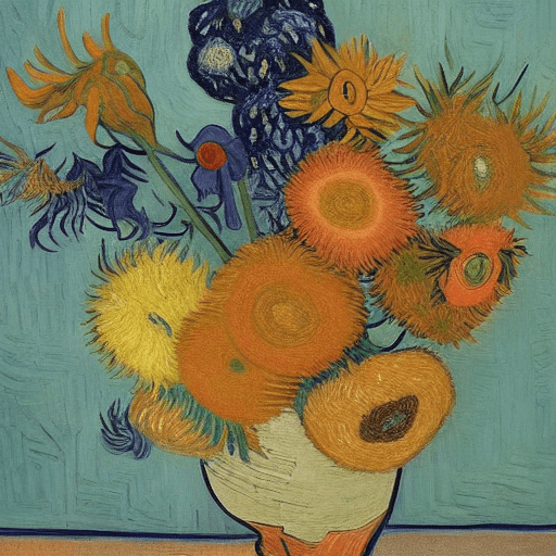AI generated: colorful flowers arranged in a vase, resembling the style of a painting by the artist Van Gogh The f...