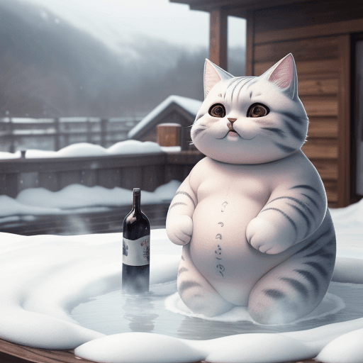 AI generated: Real adorable chubby cat with tattoos, enjoying snowy weather, sippingsake, soaking in a hot spring,...