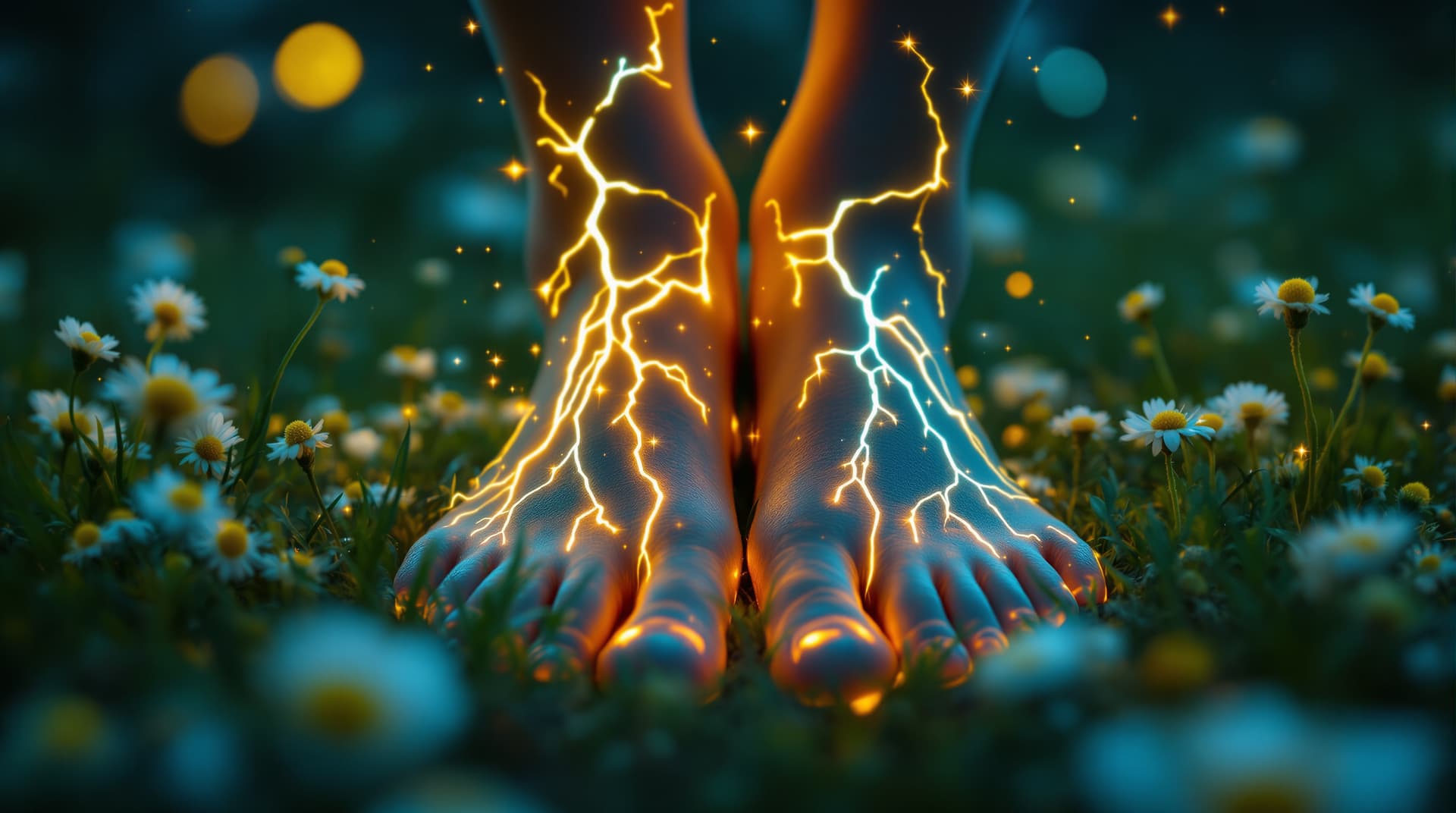 AI generated: Magical-realistic macro close-up of bare feet standing on a dewy meadow at night. Low camera angle, ...