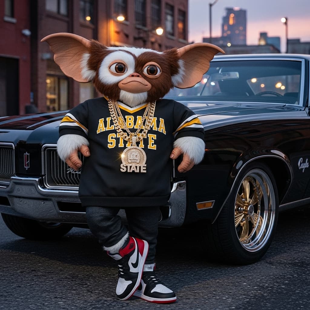 AI generated: Original Gizmo from Gremlins wearing oversized black and gold Alabama State collegiate sweatshirt, b...