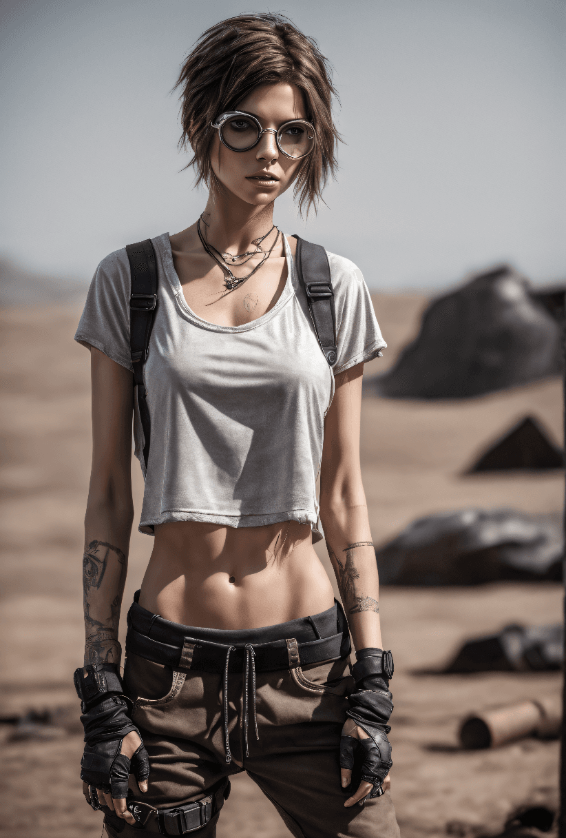 AI generated: dystopian style beautiful young, thin, fit, woman, stalker scene, short messy hair, intrincate detai...