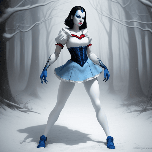 AI generated: Snowwhite, nightmare version, mystique, short skirt, white leggins, blue shoes, realistic photograph...