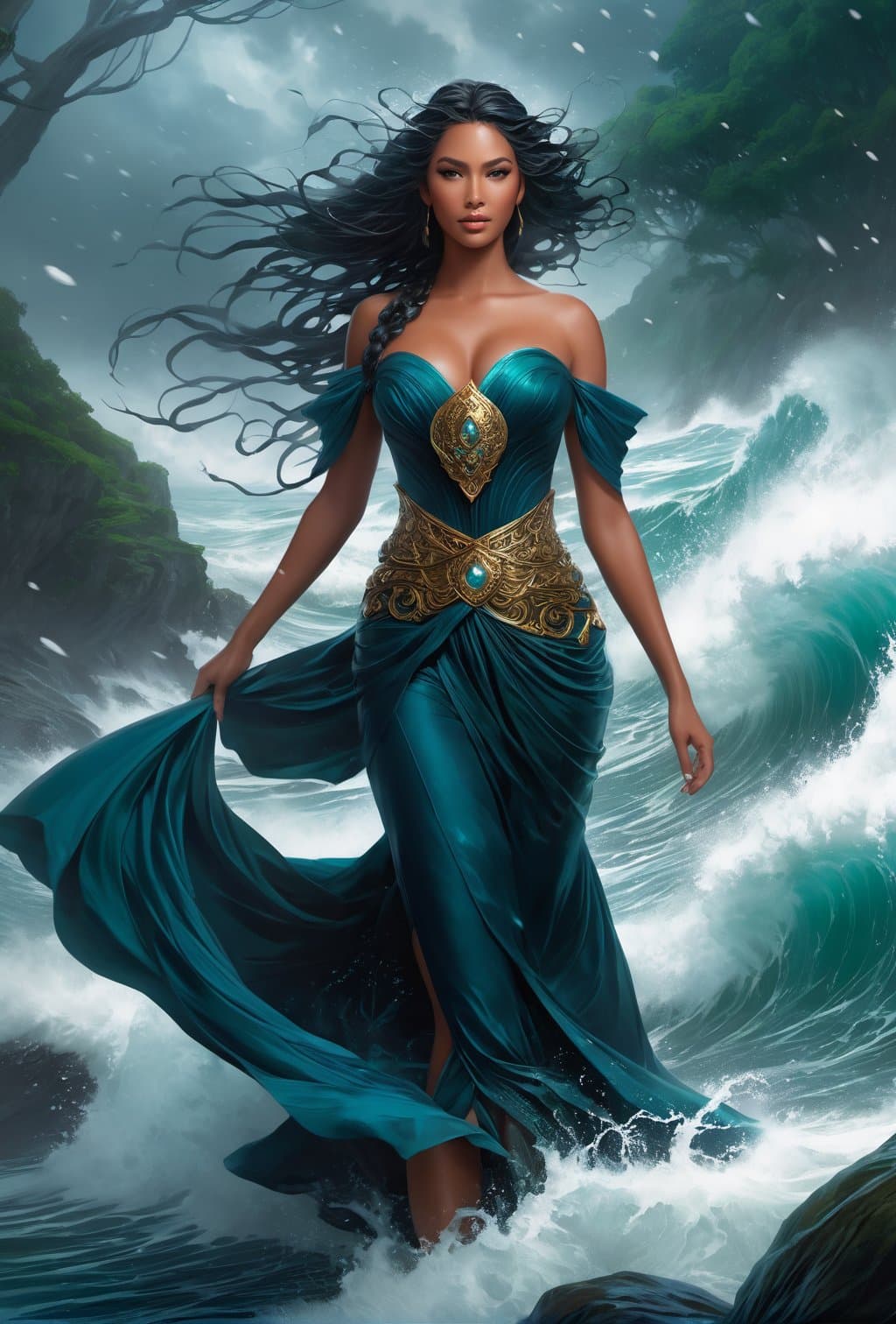AI generated: fully clothed powerful goddess of water clothed in swirling water striding through a stormy sea, hig...