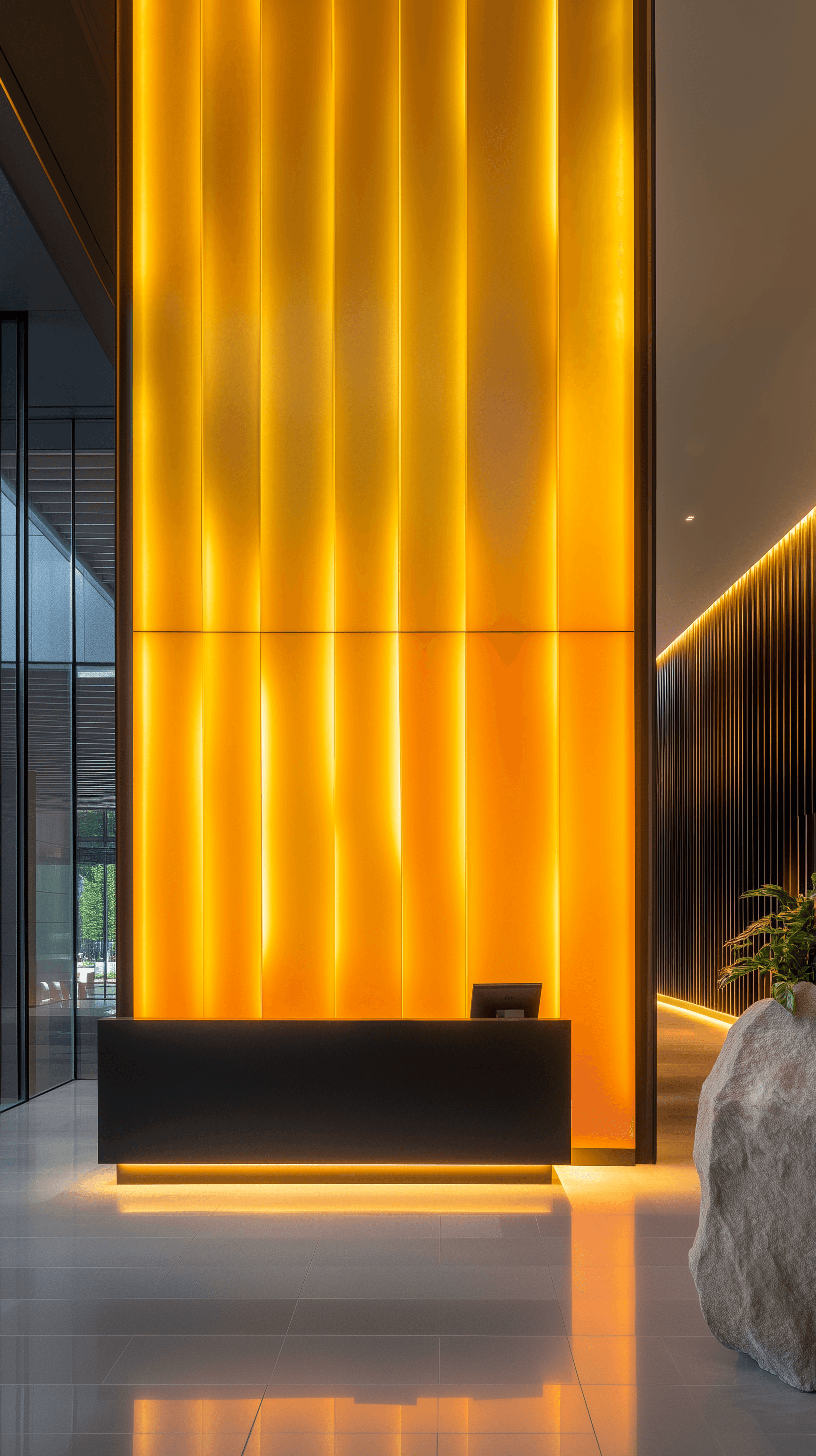 AI generated: architectural photography, perspective, interior space, vertical light panels transition from vibran...