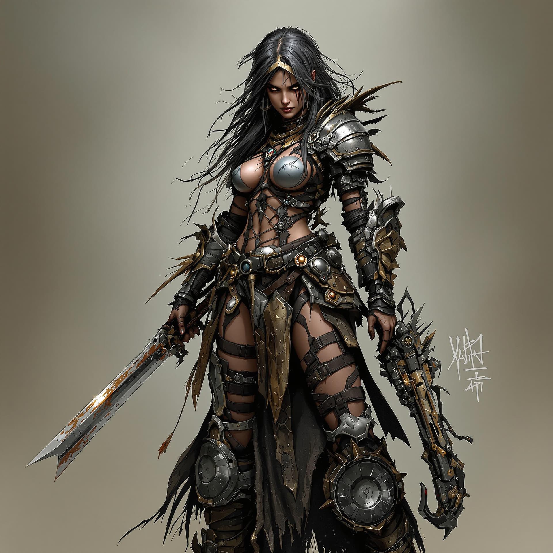 AI generated: character concept of a girl wearing post apocalyptic armor, full body, punk, barbarian, in style of ...