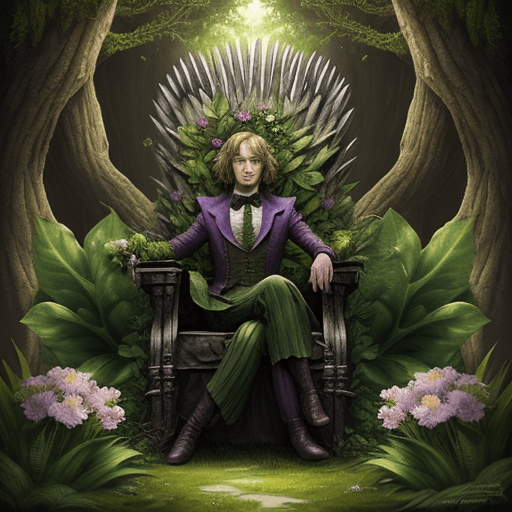 AI generated: Wonka in game of thrones chair, green forest with big leaves and flowers, fantasy art, 