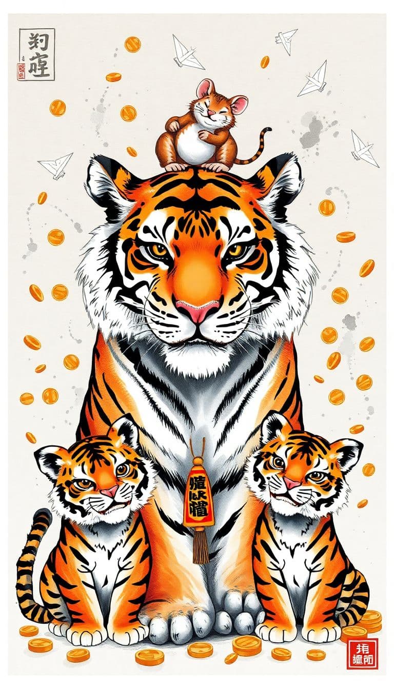 AI generated: A big tiger and two little tigers, with a mouse on the big tiger's head, the mouse holding a talisma...