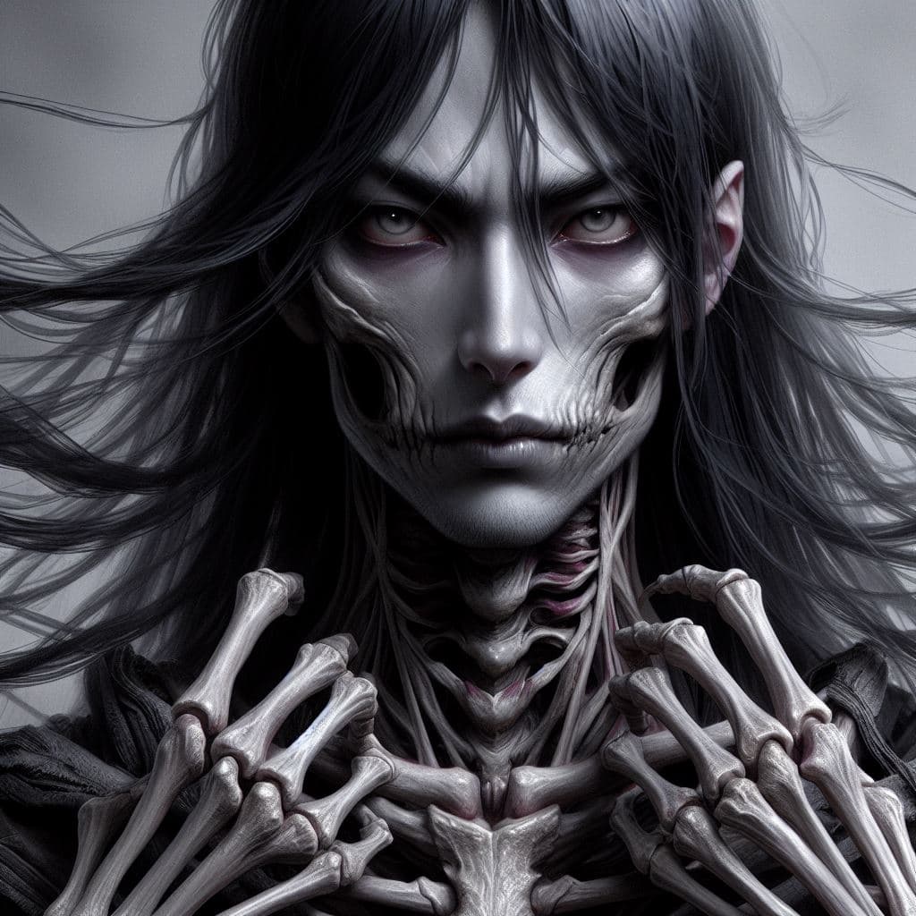 AI generated: An personification of a death monster, the man has long black hair and greyish eyes, Asian traces, d...
