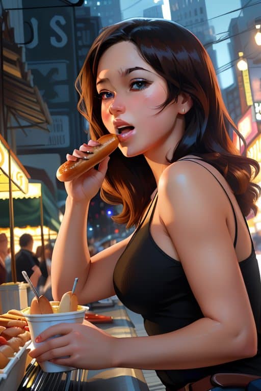 AI generated: a girl eating a hot dog, full shot, fine - face, realistic shaded perfect body, fine details. night ...