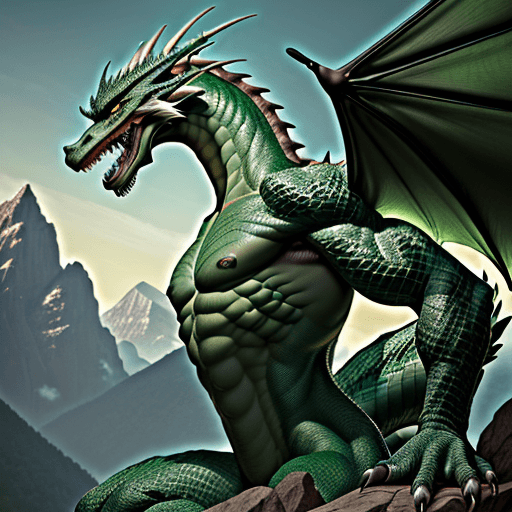AI generated: looking up at a skinny, athletic green male anthro dragon, gargantuan, towering over the mountains, ...