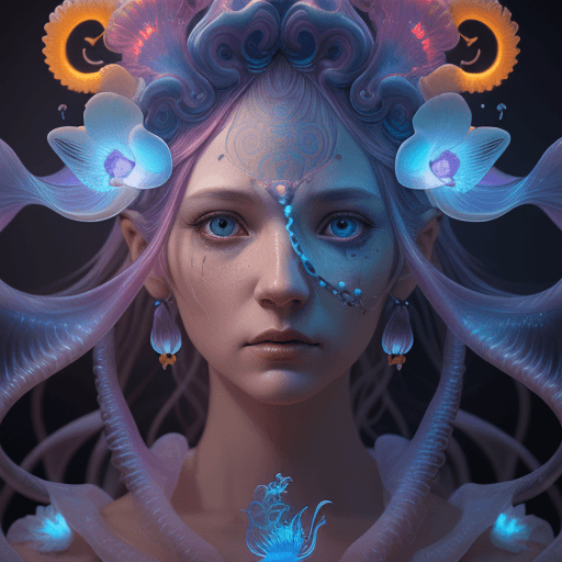 AI generated: Goddess close-up portrait ribcagel. jellyfish phoenix head, nautilus, orchid, skull, betta fish, bio...