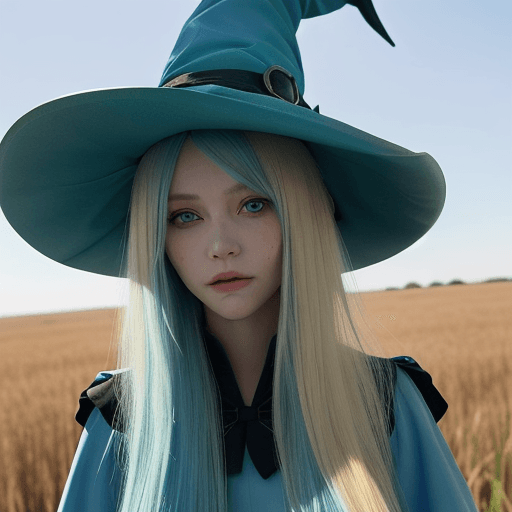 AI generated:  blonde hair with blue tips, long hair, blue eyes, witch hat, hair between eyes, in a plains field, ...