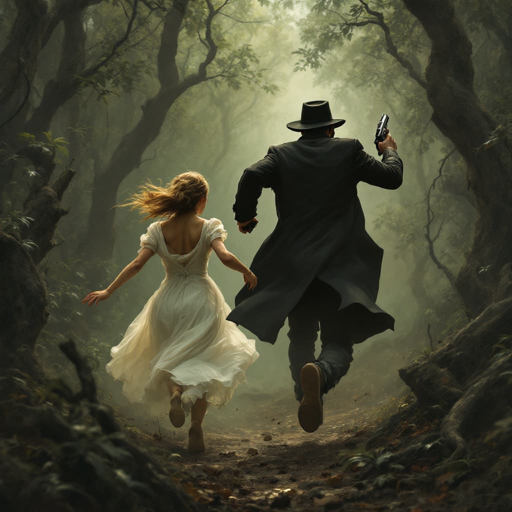 AI generated:  a man wearing black coat and hat running with a pistol in hand towards a back side running girl wea...