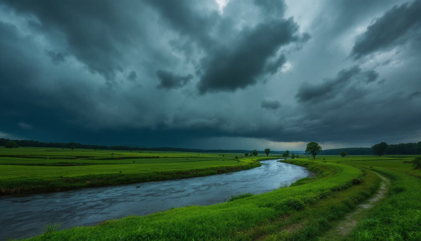 AI generated: there is a river running through a lush green field under a cloudy sky, moody scene, against a storm...