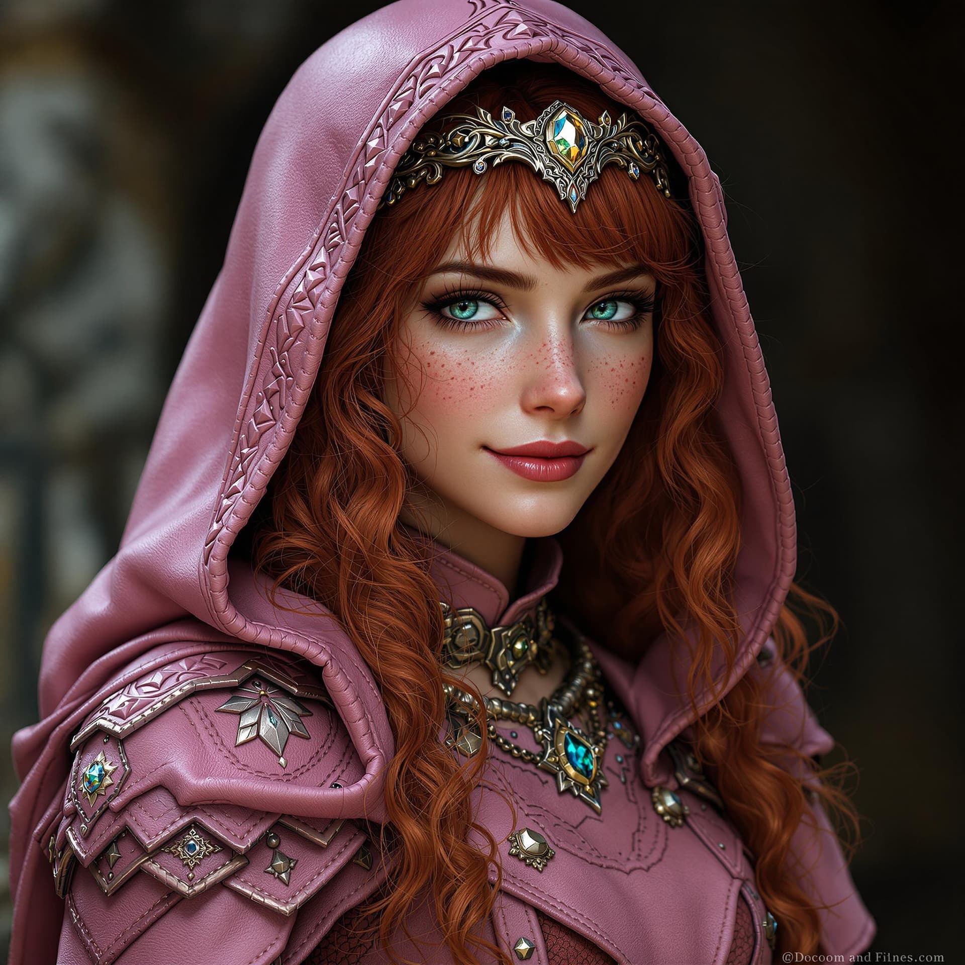 AI generated: ultra realistic ranger elf, hooded pink leather armor!!! long curly red hair!! bangs, green eyes! fr...