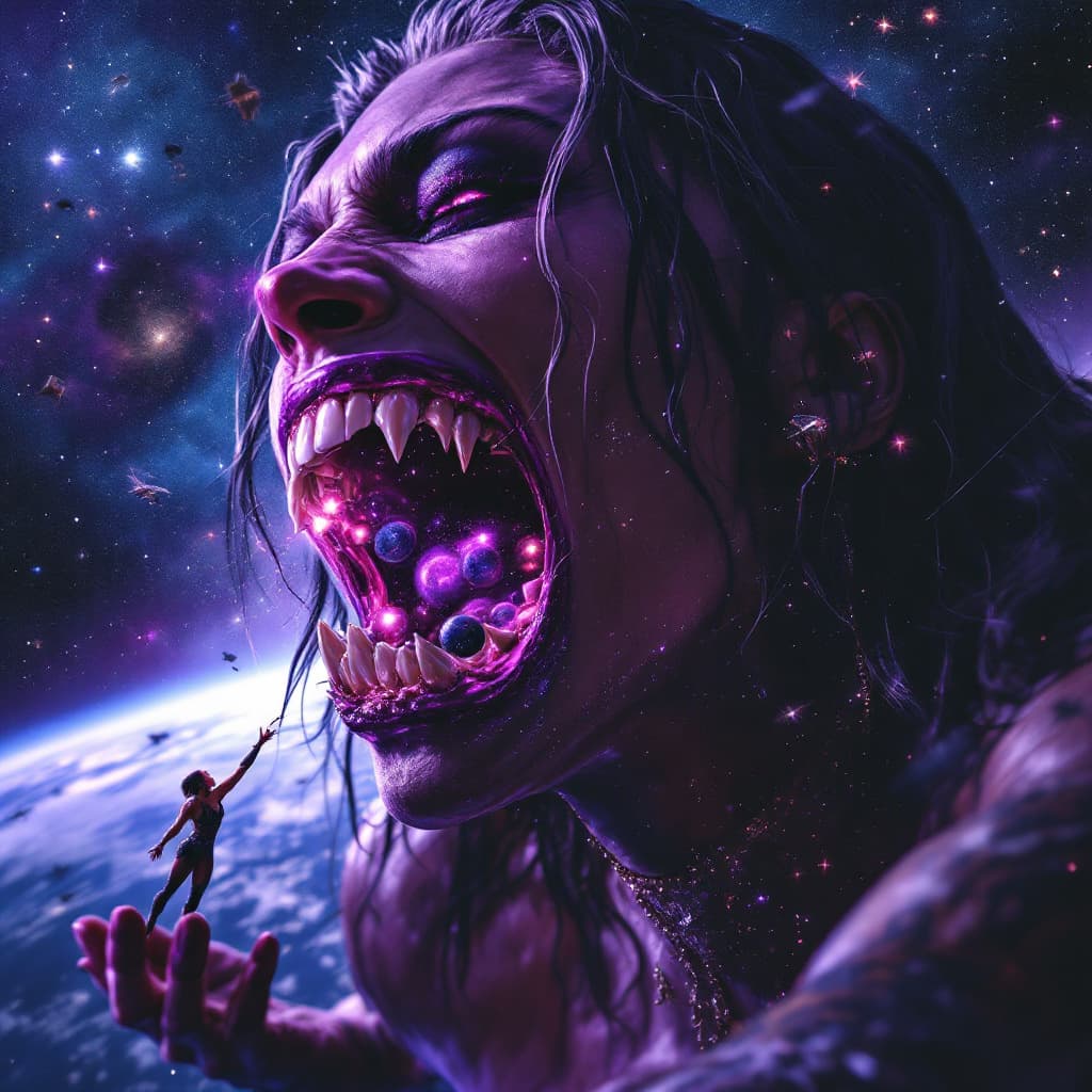 AI generated: enormous giantess Rhea Ripley  from WWE
bigger than a galaxy floating in space, minuscule galaxies i...