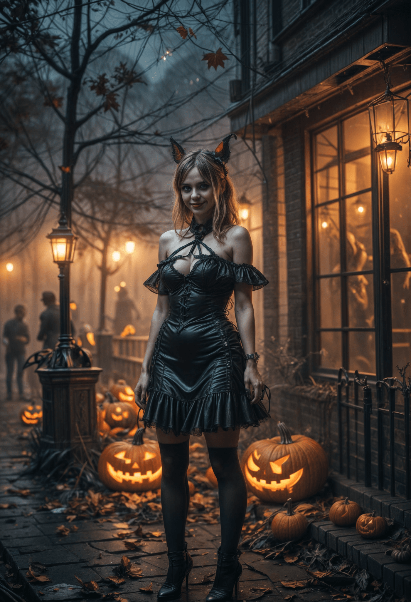 AI generated: A woman in a black dress stands on a street, surrounded by Halloween decorations. She is wearing a b...