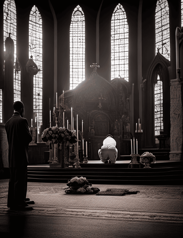 AI generated: A man kneels before the altar, his head bowed in prayer so that he may tell God how much he apprecia...