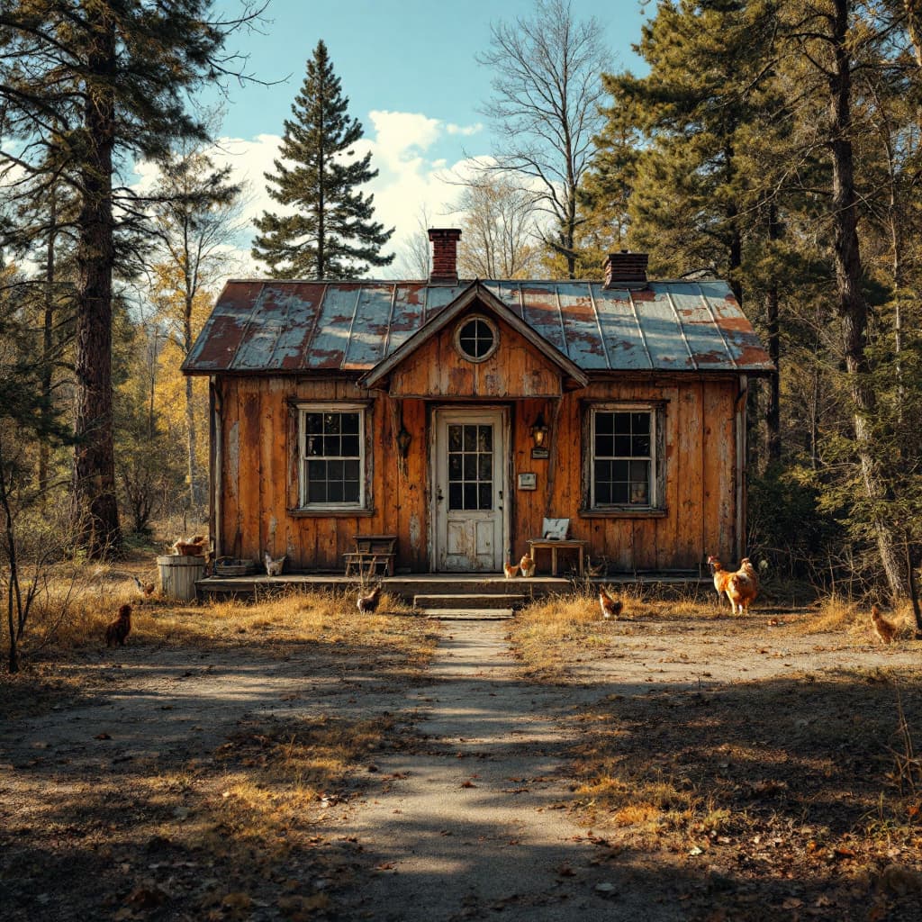 AI generated: Please create a cinematic photo of a rustic plywood house nestled in the woods, featuring a tin roof...